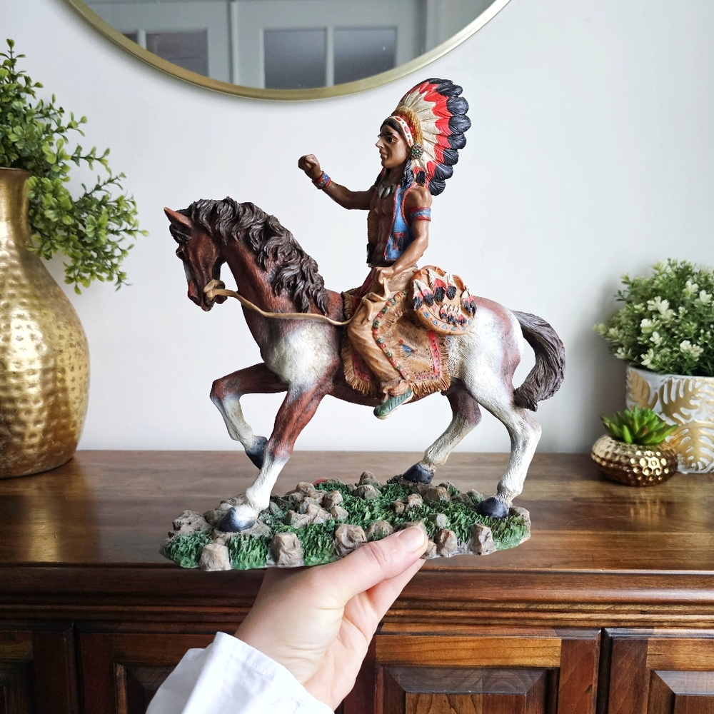 70's Native American Warrior on Horse Figurine Sculpture Resin Statue Figurine